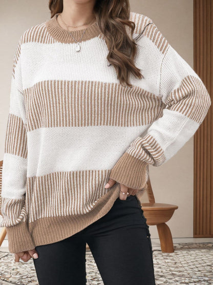 Chic striped long sleeve sweater with round neck