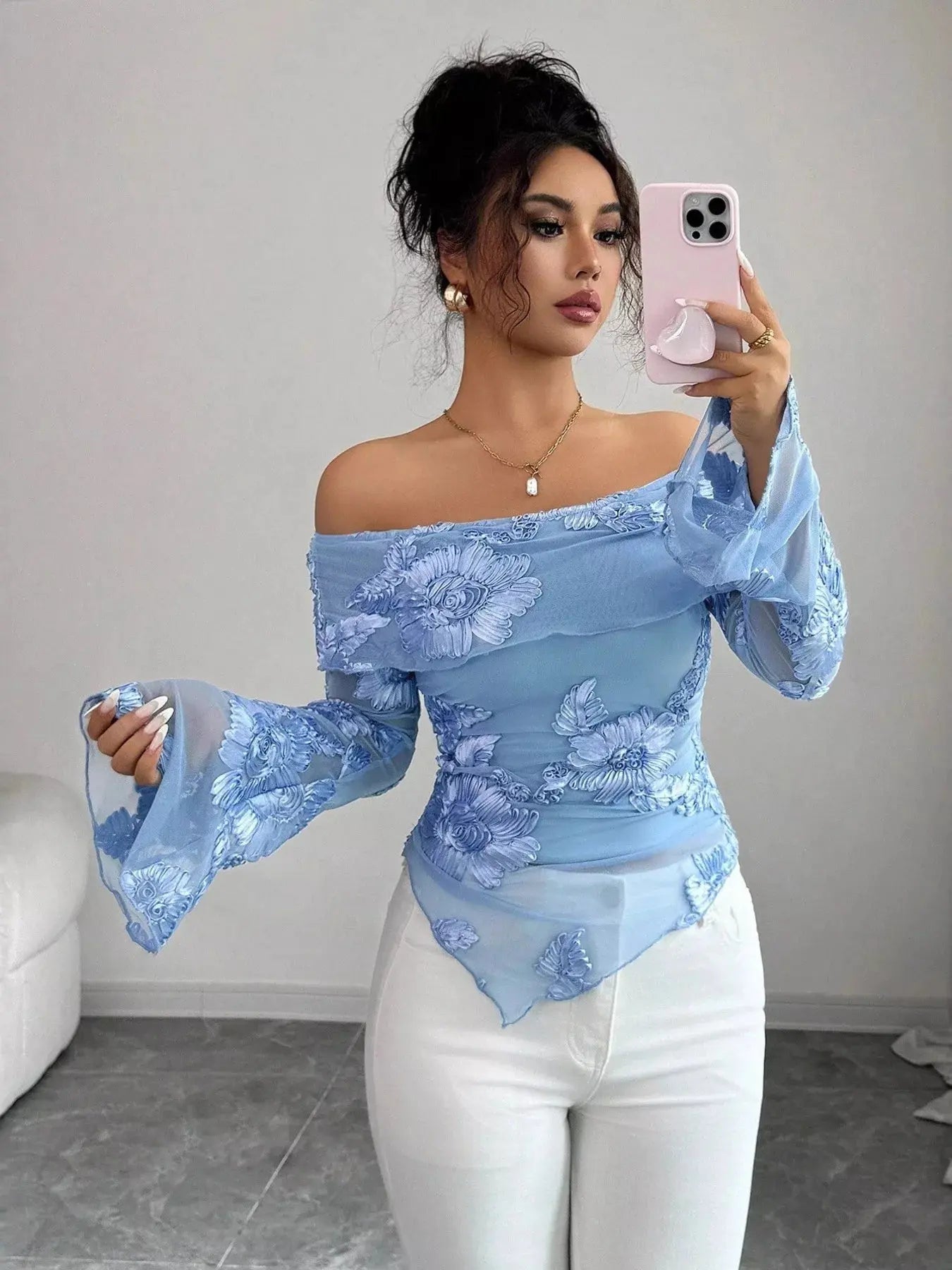 Floral Off-Shoulder Mesh Blouse Simply Love