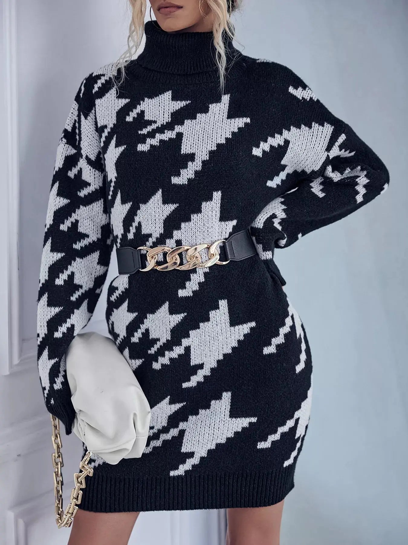 Houndstooth Pattern Turtleneck Sweater Dress Simply Love