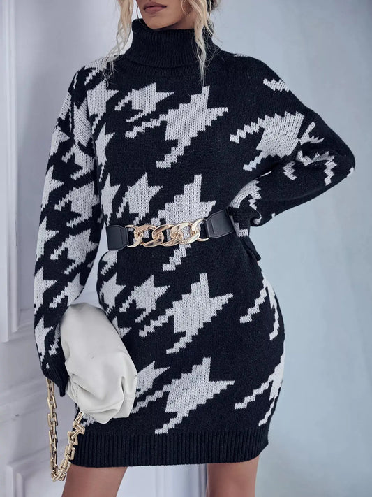 Houndstooth Pattern Turtleneck Sweater Dress Simply Love