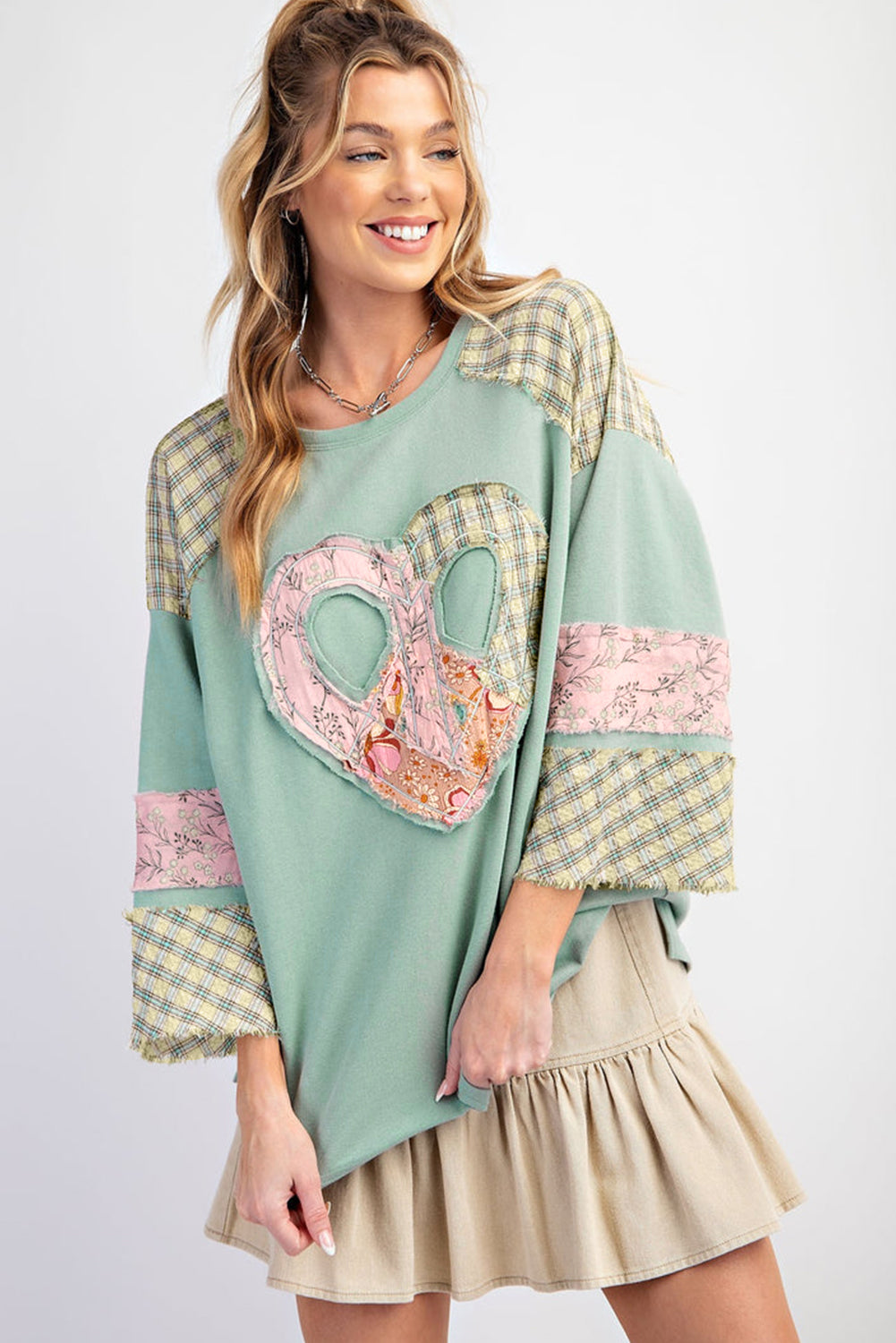 Clearly Aqua Plaid Floral Peace Heart Graphic Wide Long Sleeve Top