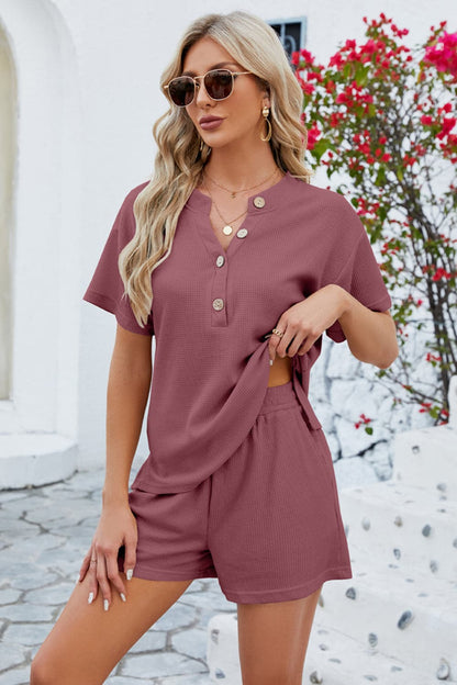 Notched Button Detail Dropped Shoulder Top and Shorts Set.