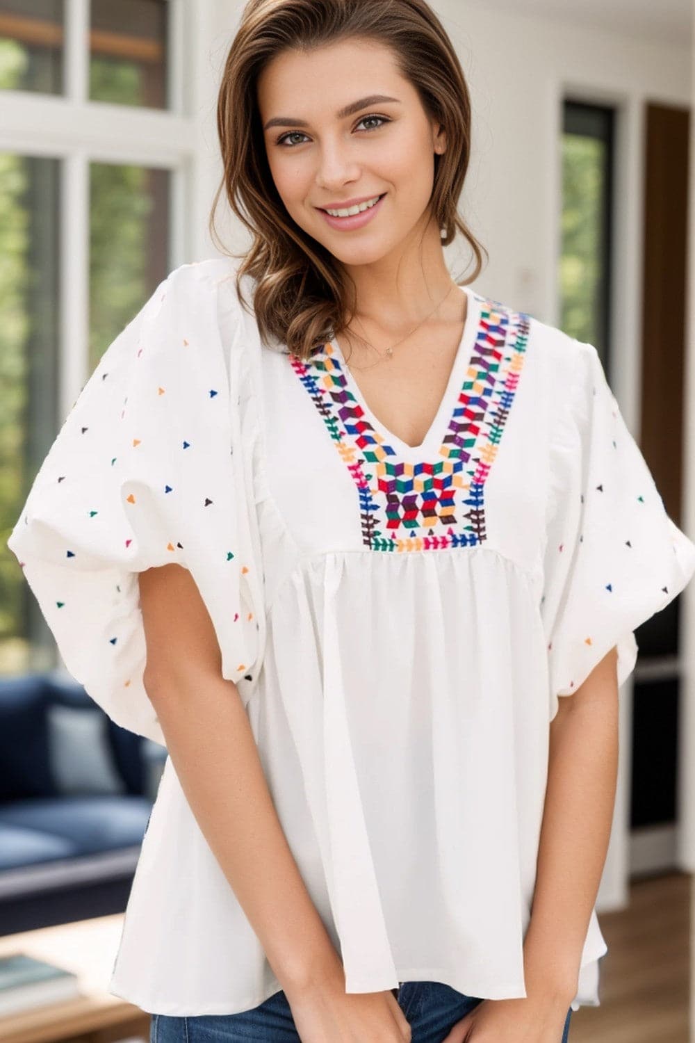 Printed V-Neck Puff Sleeve Blouse.