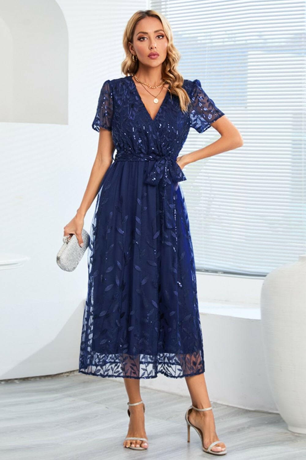 Sequin Leaf Embroidery Tie Front Short Sleeve Dress.