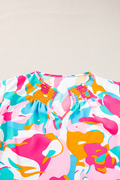 Vibrant abstract print plus size blouse with ruffled sleeves