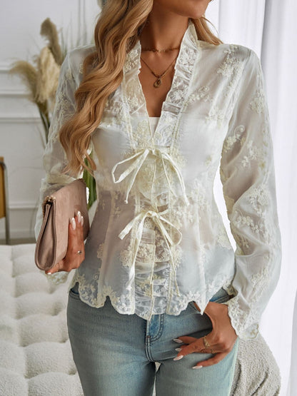 Lace V-neck long sleeve top