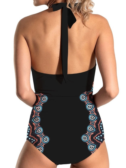 Cutout Printed Halter Neck One-Piece Swimwear.