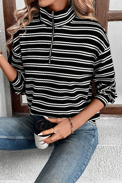 Black Stripe Textured Quarter Zip Collar Long Sleeve Top