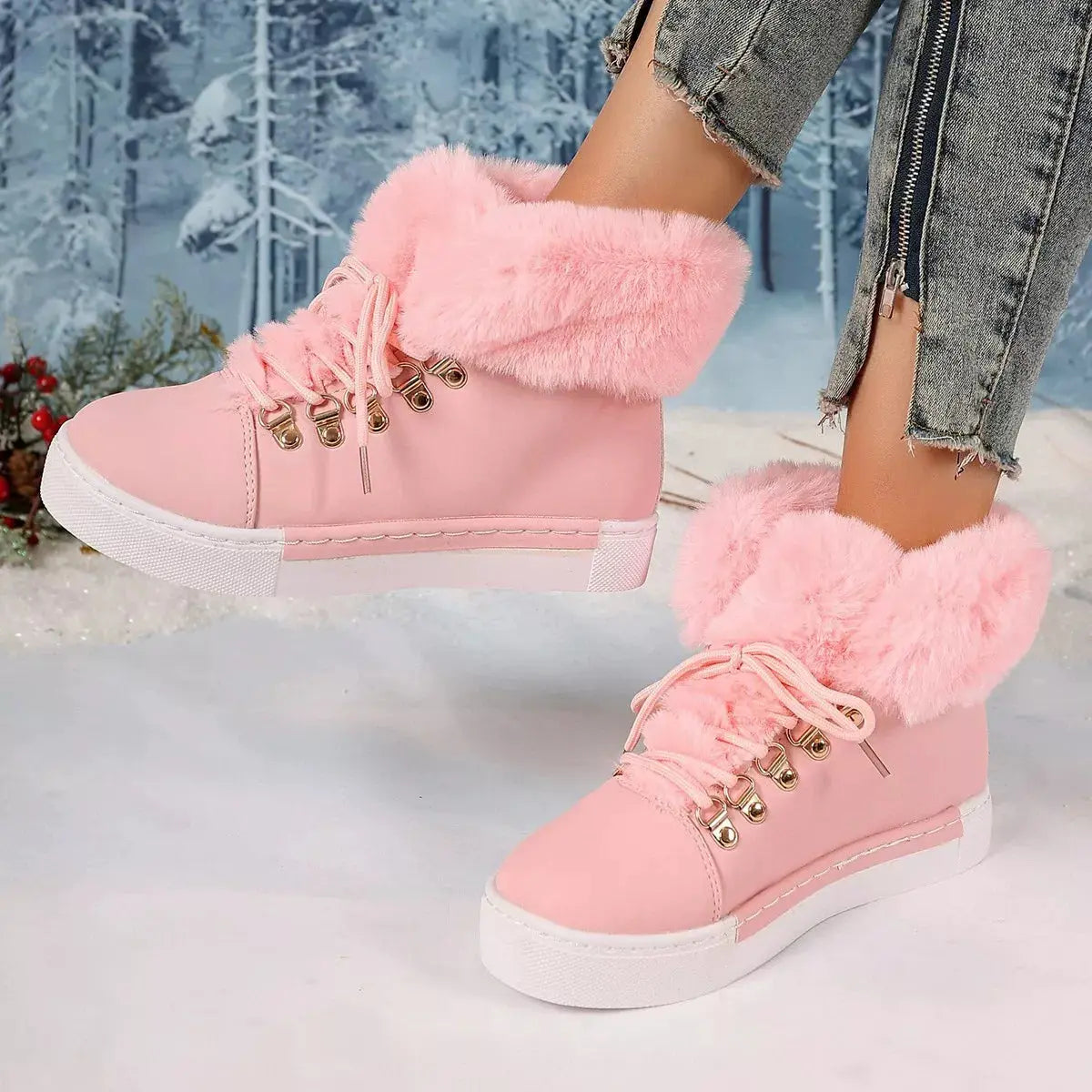Fuzzy Trim Lace-Up Ankle Boots Simply Love