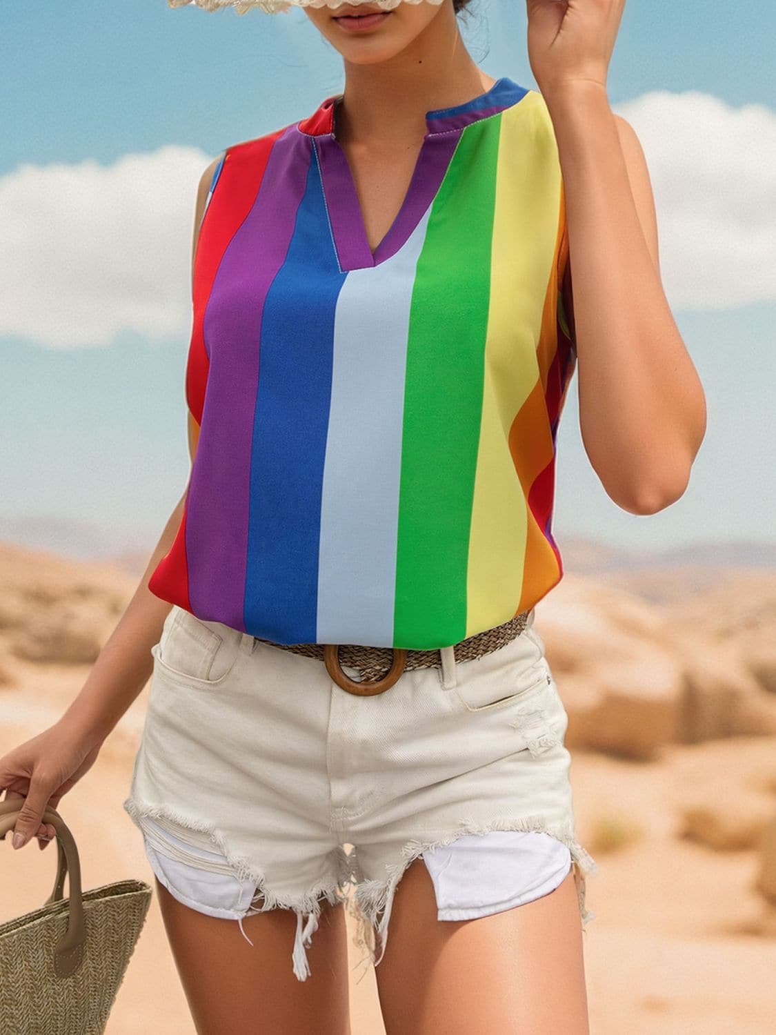 Color Block Notched Sleeveless Top.