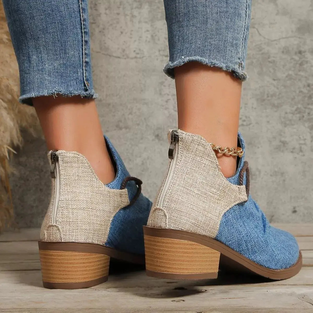 Two Tone Denim Block Heel Ankle Boots Beige Accent Simply Love