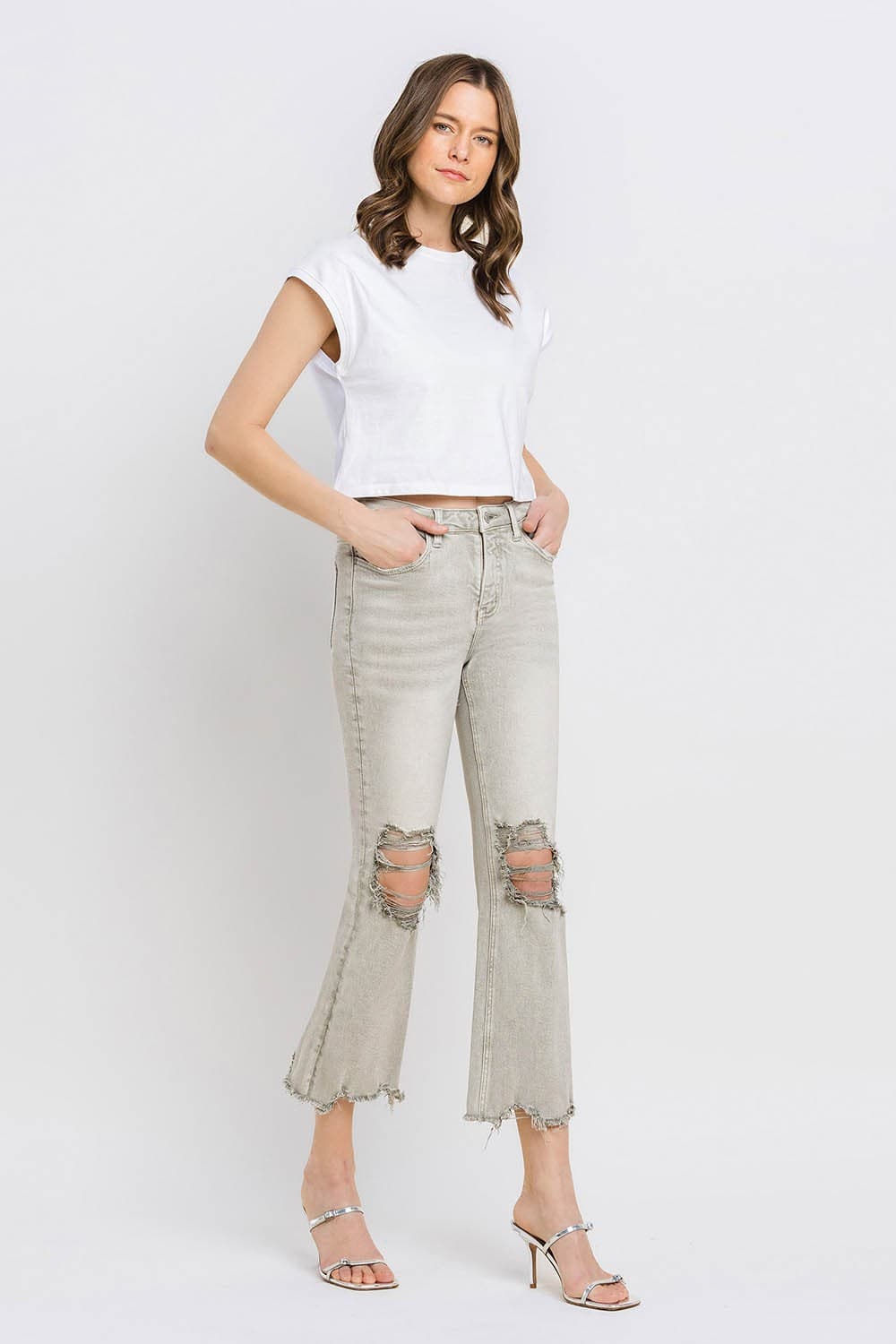 Lovervet Distressed Raw Hem Cropped Flare Jeans.