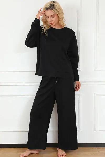 Double Take Full Size Textured Long Sleeve Top and Drawstring Pants Set - Love Salve
