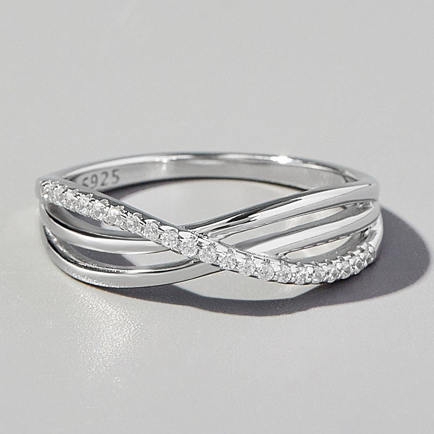 Crisscross Inlaid Zircon 925 Sterling Silver Ring.