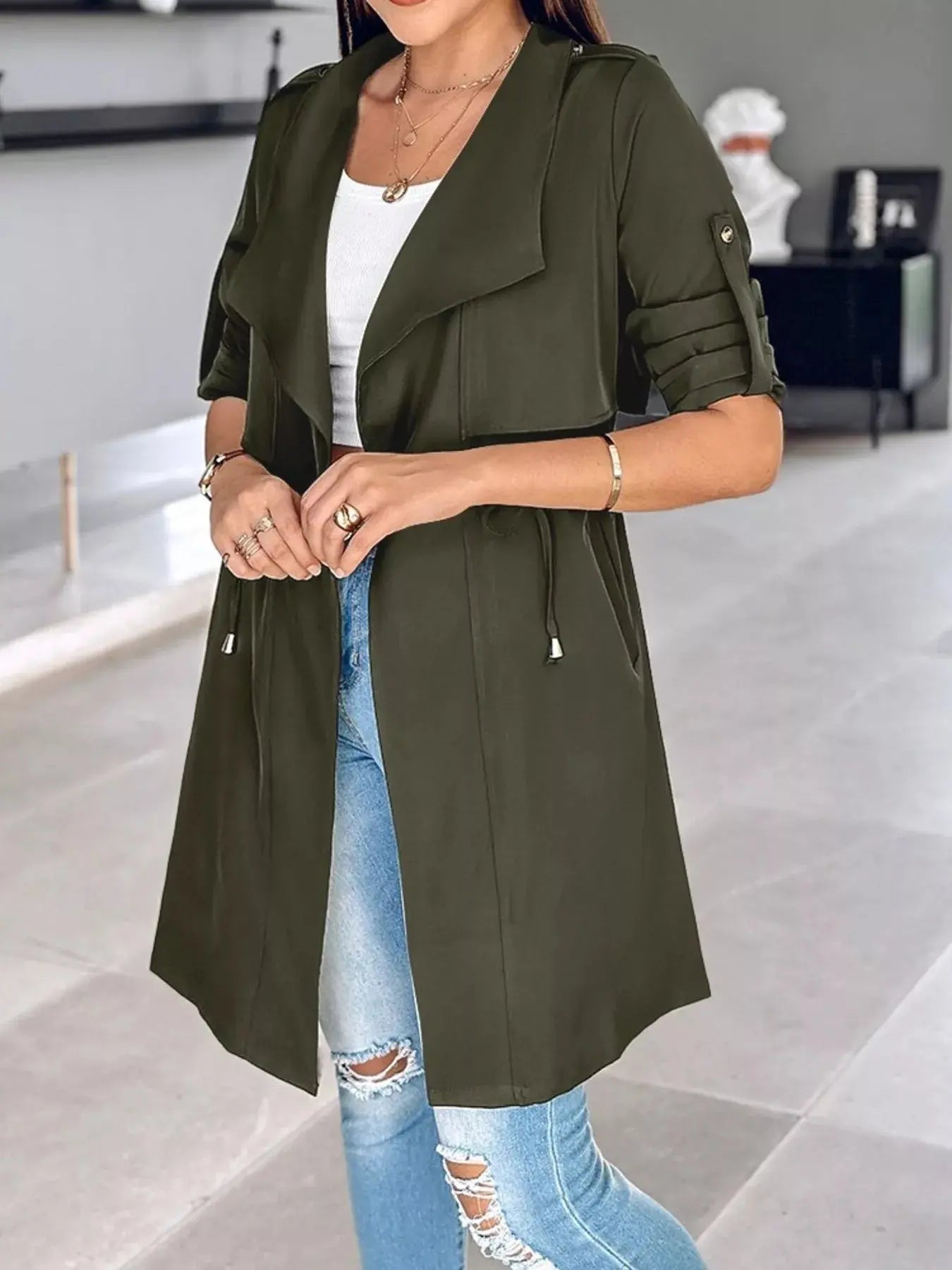 Drape Collar Lightweight Trench Coat Simply Love