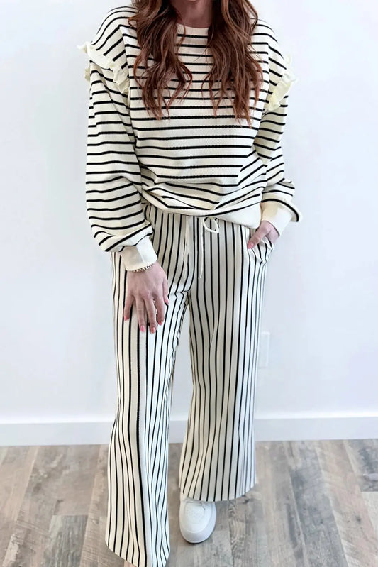 White Stripe Ruffle Trim Drop Shoulder Top And Drawstring Relaxed Pant Set Dear-Lover Dropshipping