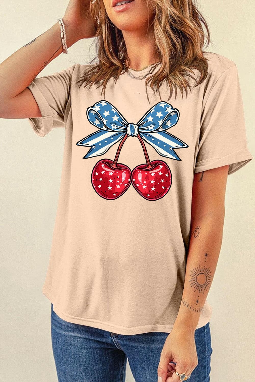 Chic cherry graphic tee for women with round neck and short sleeves.