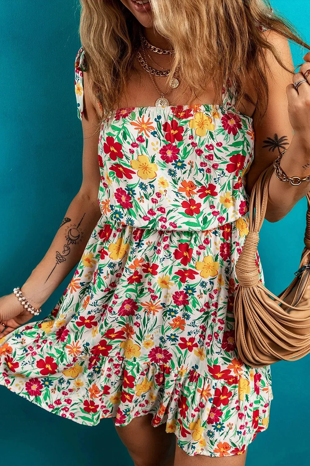Floral Knotted Straps Cinched Waist Ruffle Hem Mini Dress Simply Love