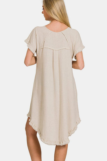 Zenana Fringe Edge High Low Flowy Dress with Pockets.