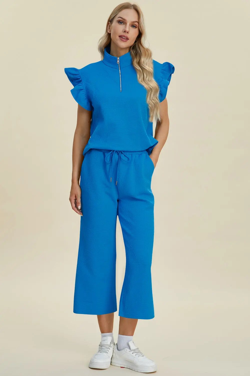 Double Take Full Size Texture Ruffle Short Sleeve Top and Wide Leg Pants Set - Love Salve