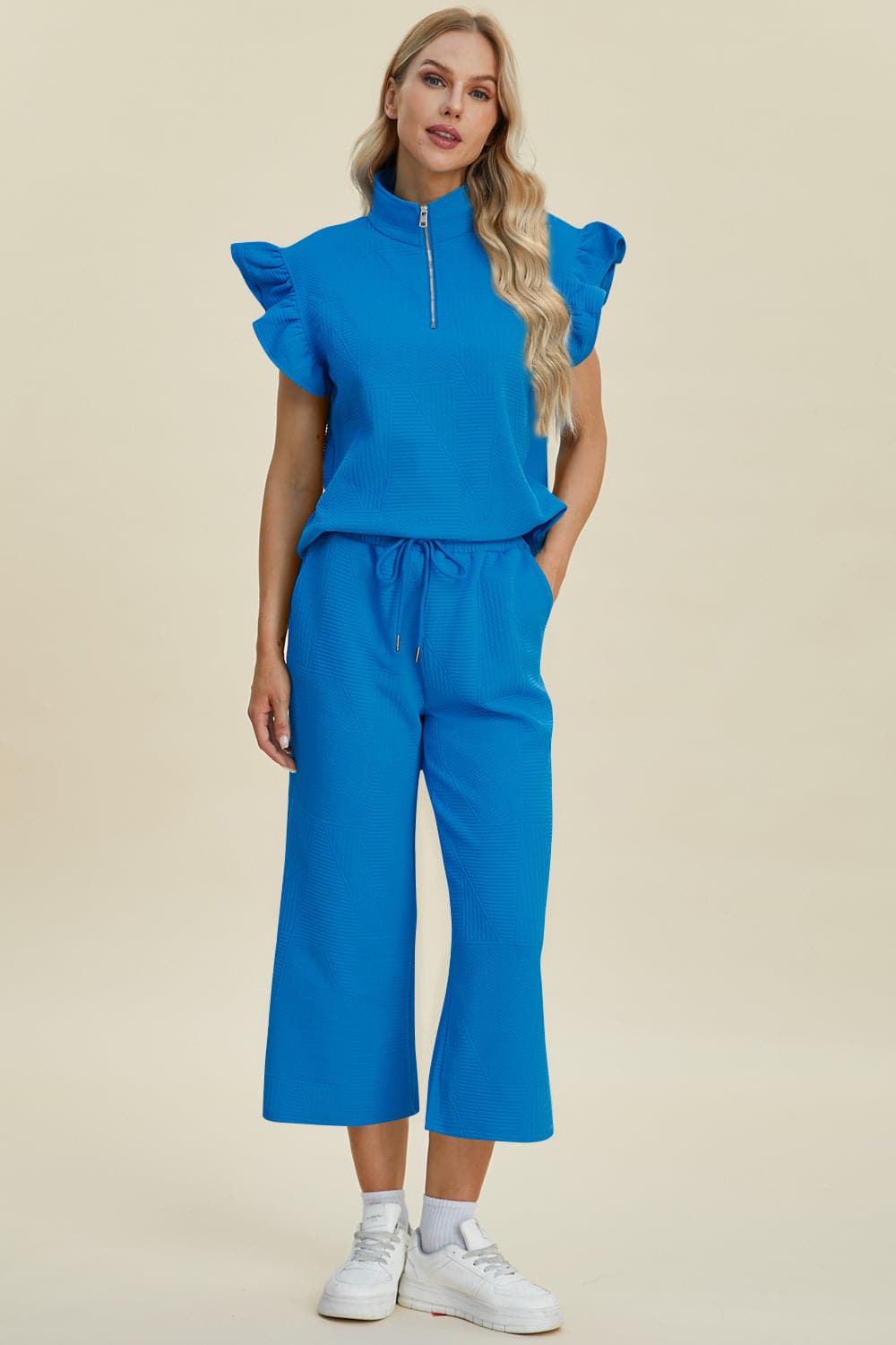 Double Take Full Size Texture Ruffle Short Sleeve Top and Wide Leg Pants Set.