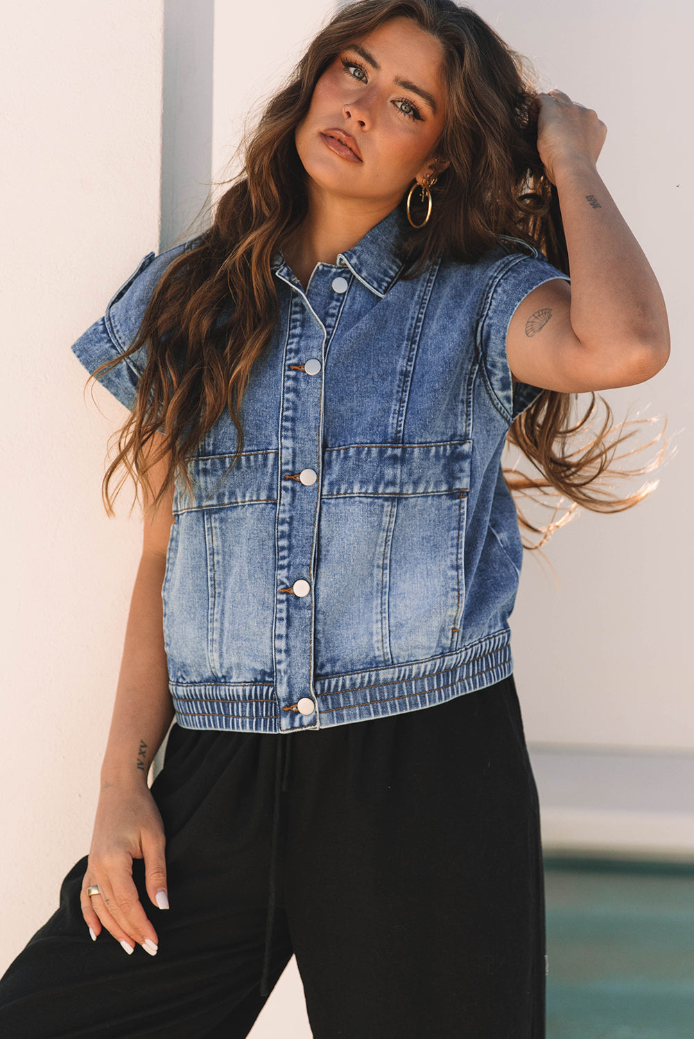 Love Salve  Ashleigh Blue Acid Wash Elastic Hem Button Up Love Salve