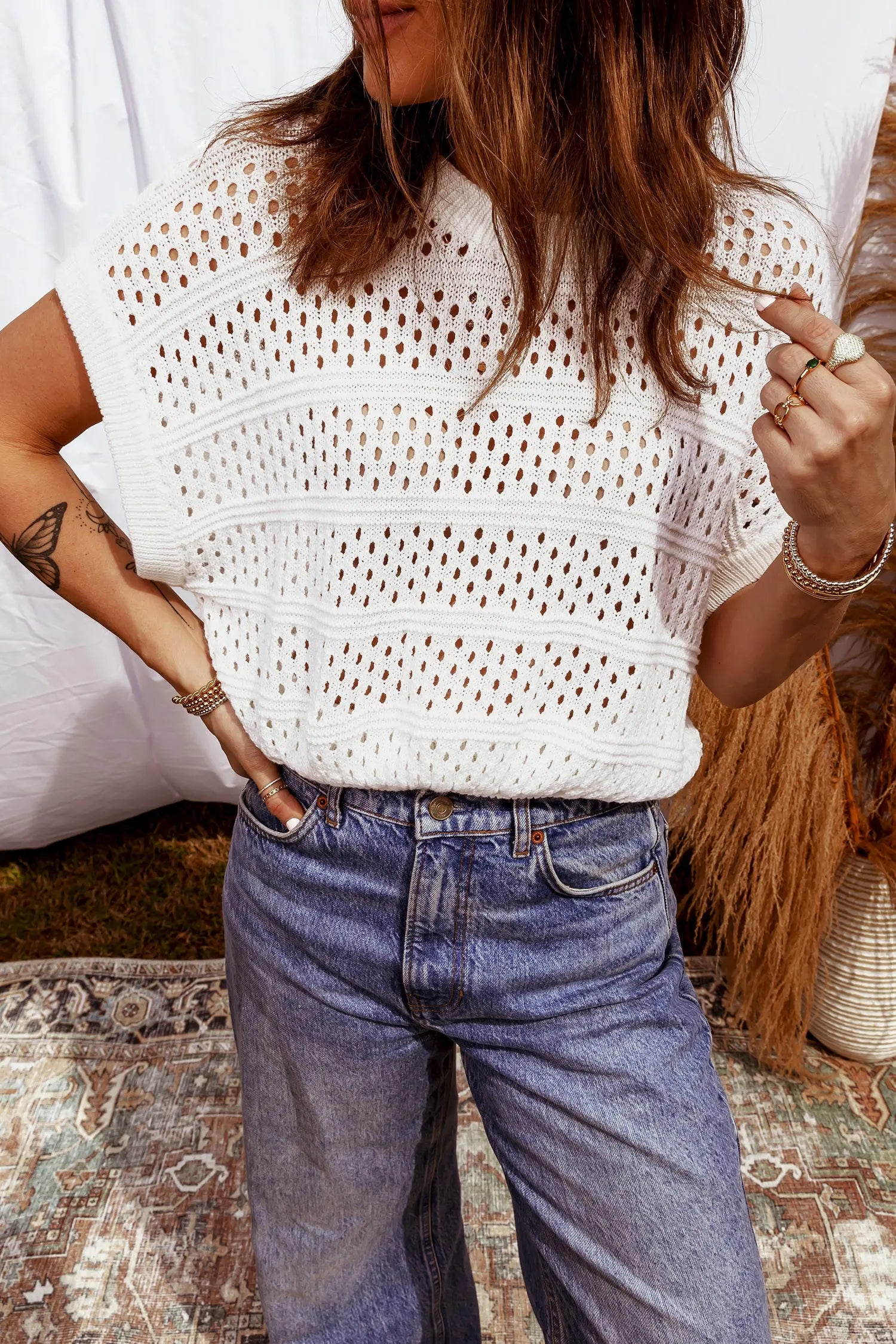 White Hollow Out Knit Dolman Sleeve Sweater Round Neck Dear-Lover Dropshipping