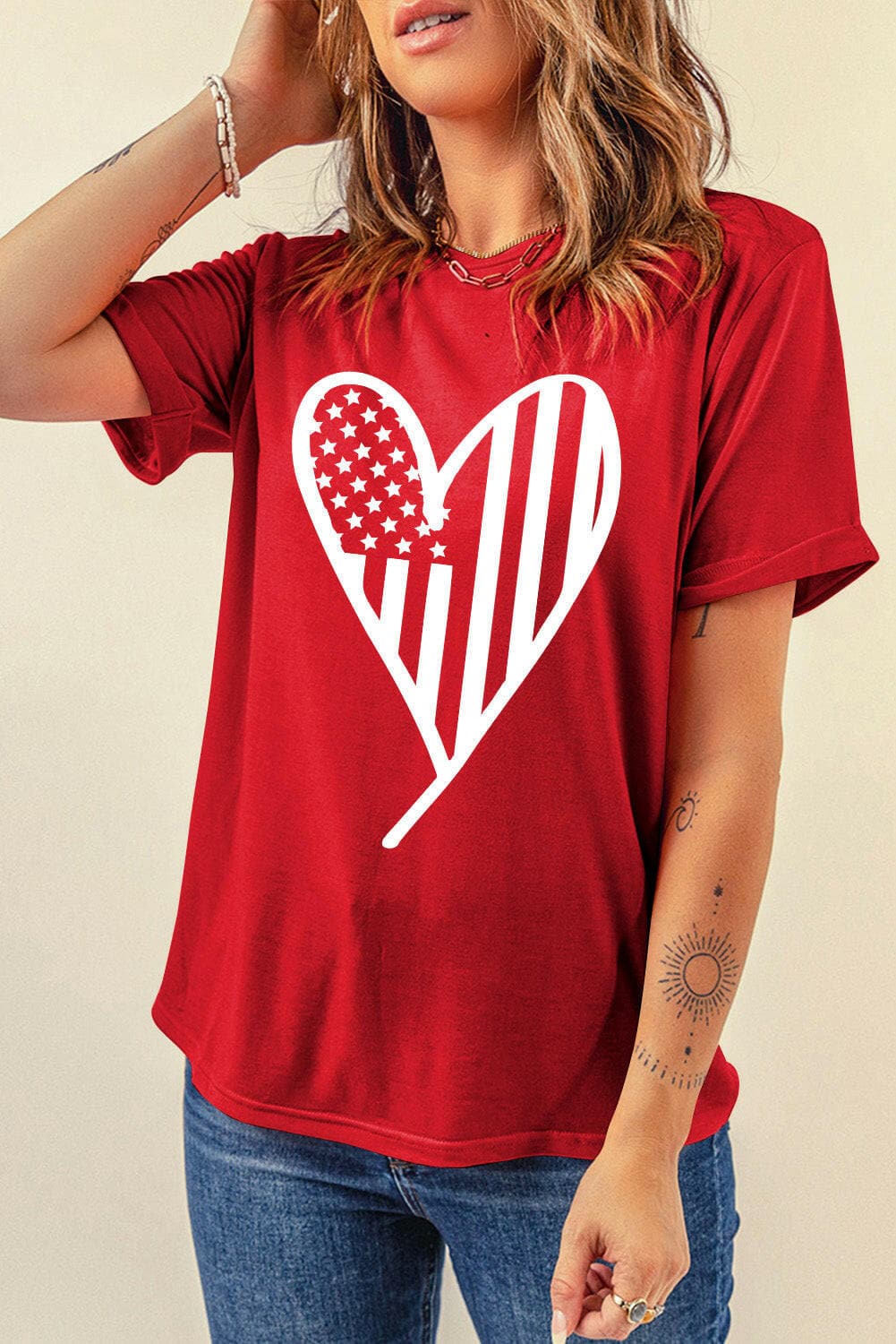 Heart Round Neck Short Sleeve T-Shirt.