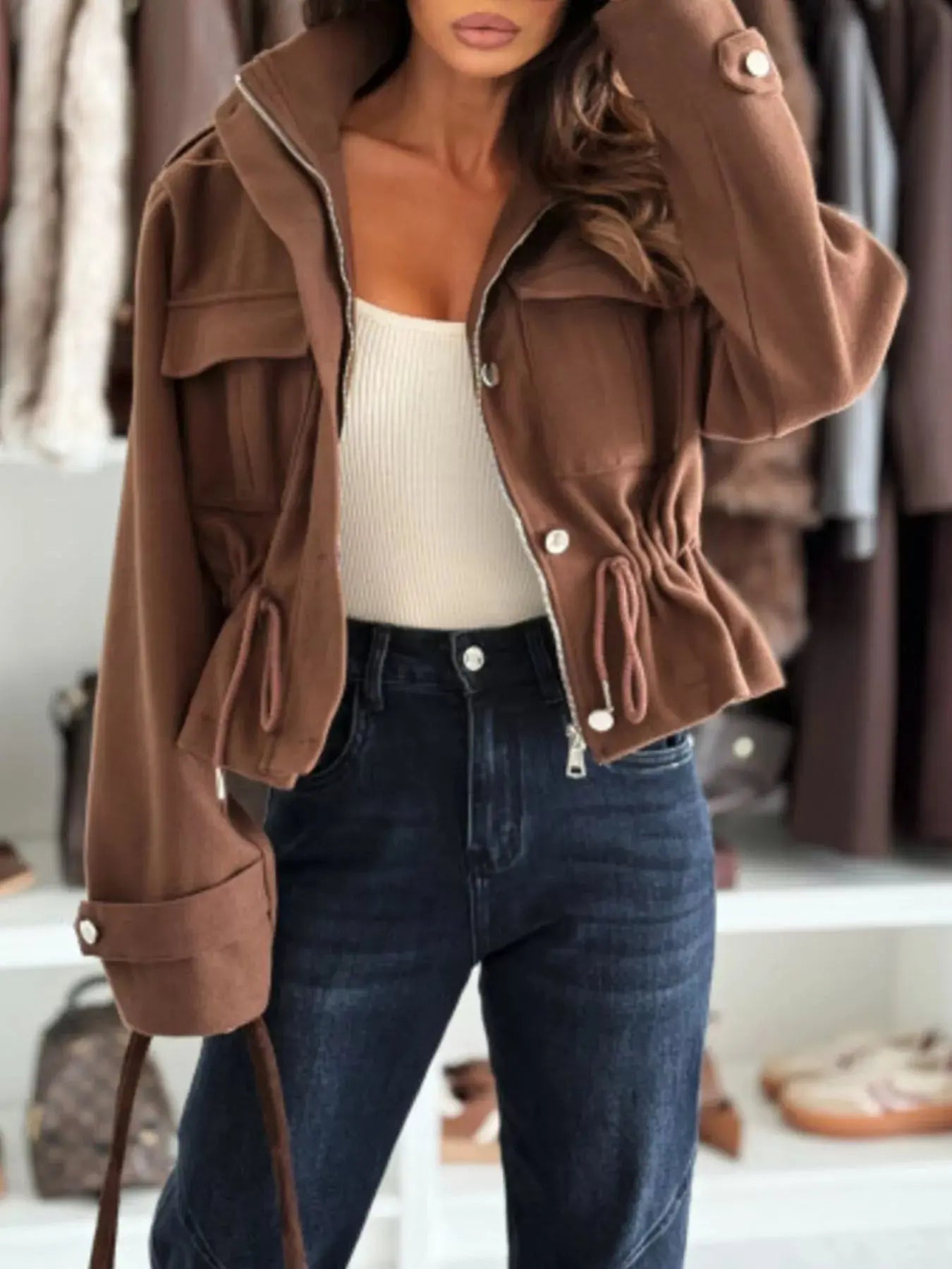 Drawstring Button-Up Casual Jacket Simply Love