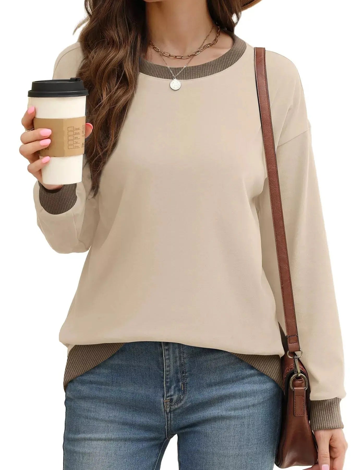 Contrast Trim Crew Neck Casual Sweatshirt Simply Love