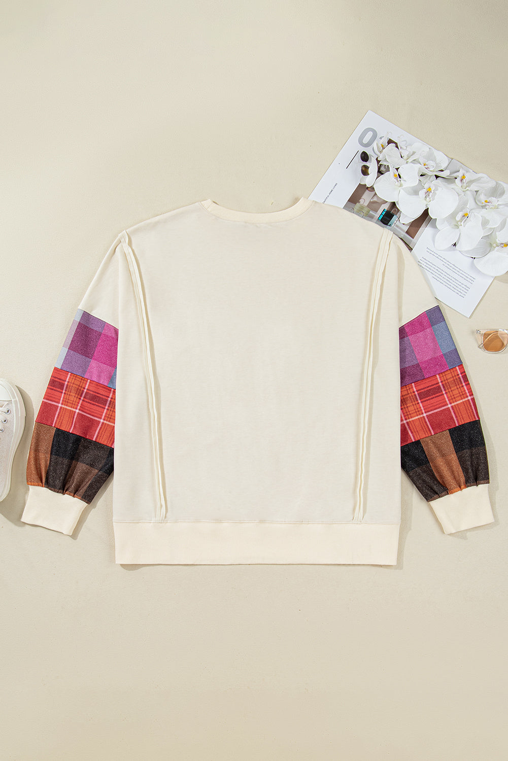 Beige Plus Size Multicolor Plaid Patchwork Pullover Top Dear-Lover Dropshipping