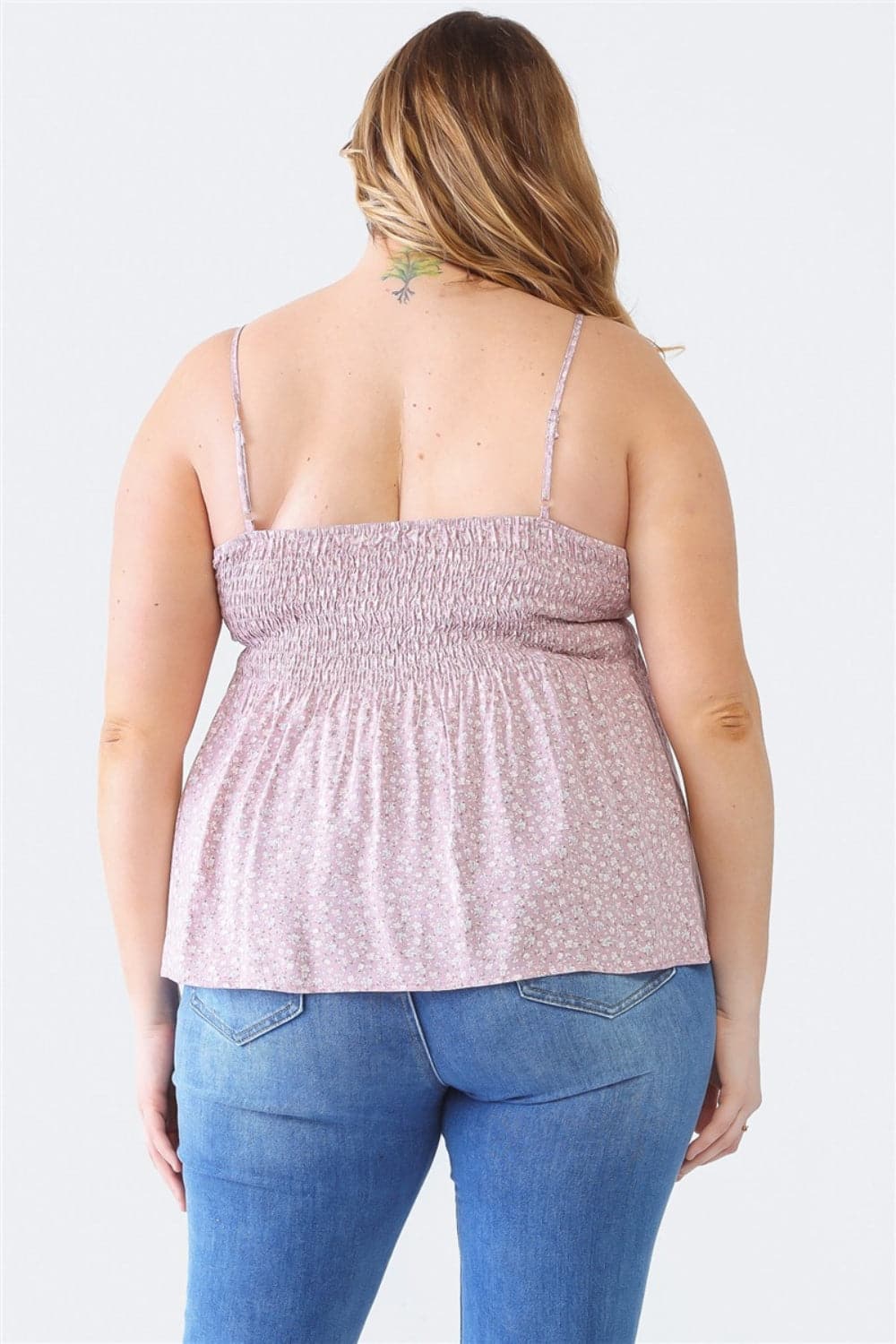 Zenobia Plus Size Frill Smocked Floral Sweetheart Neck Cami.