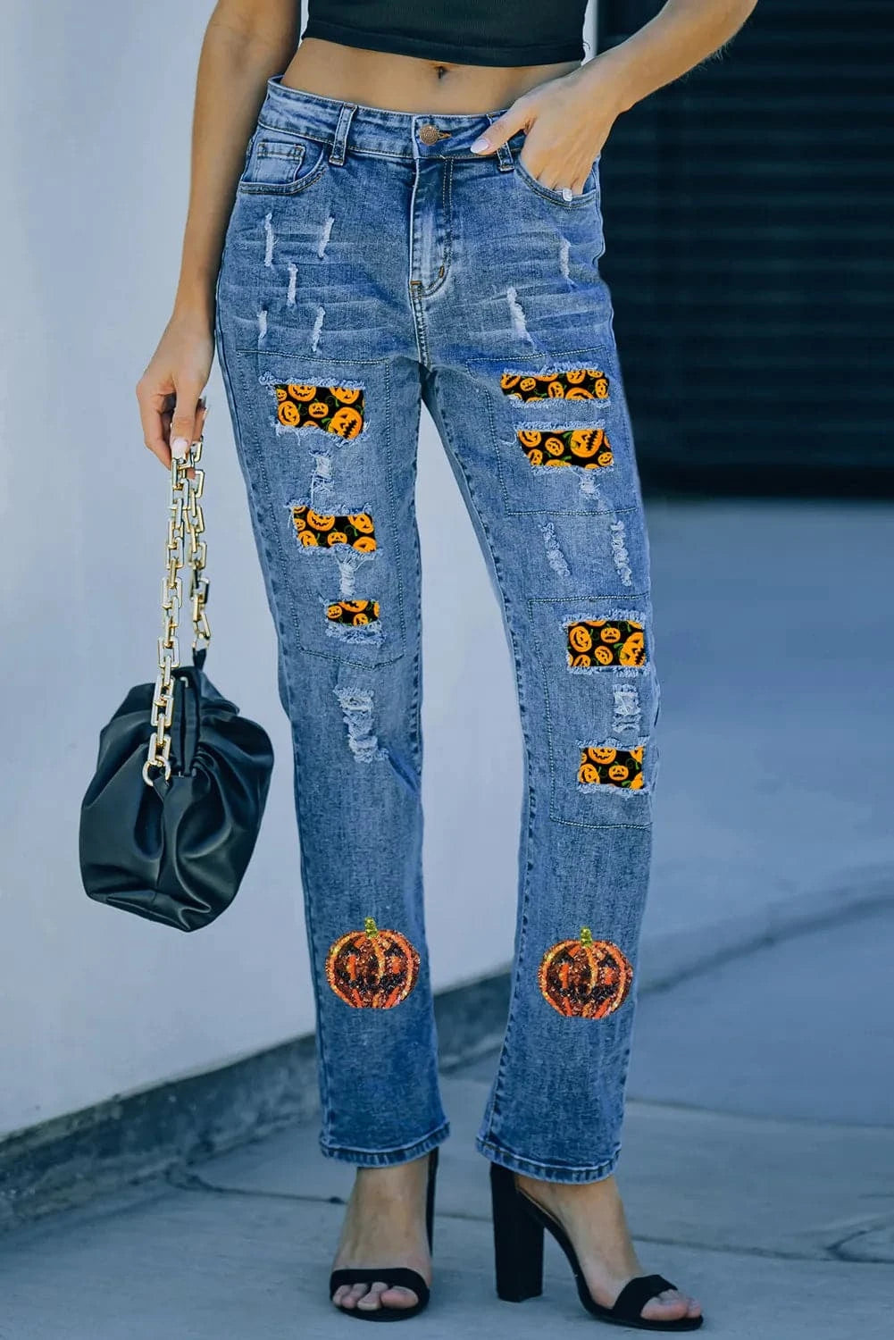 Trendy pumpkin distressed straight-leg jeans