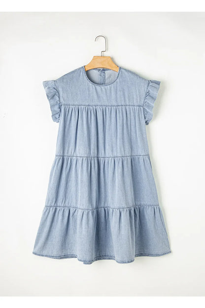 Ruffle Cap Sleeve Tiered A-line Denim Dress