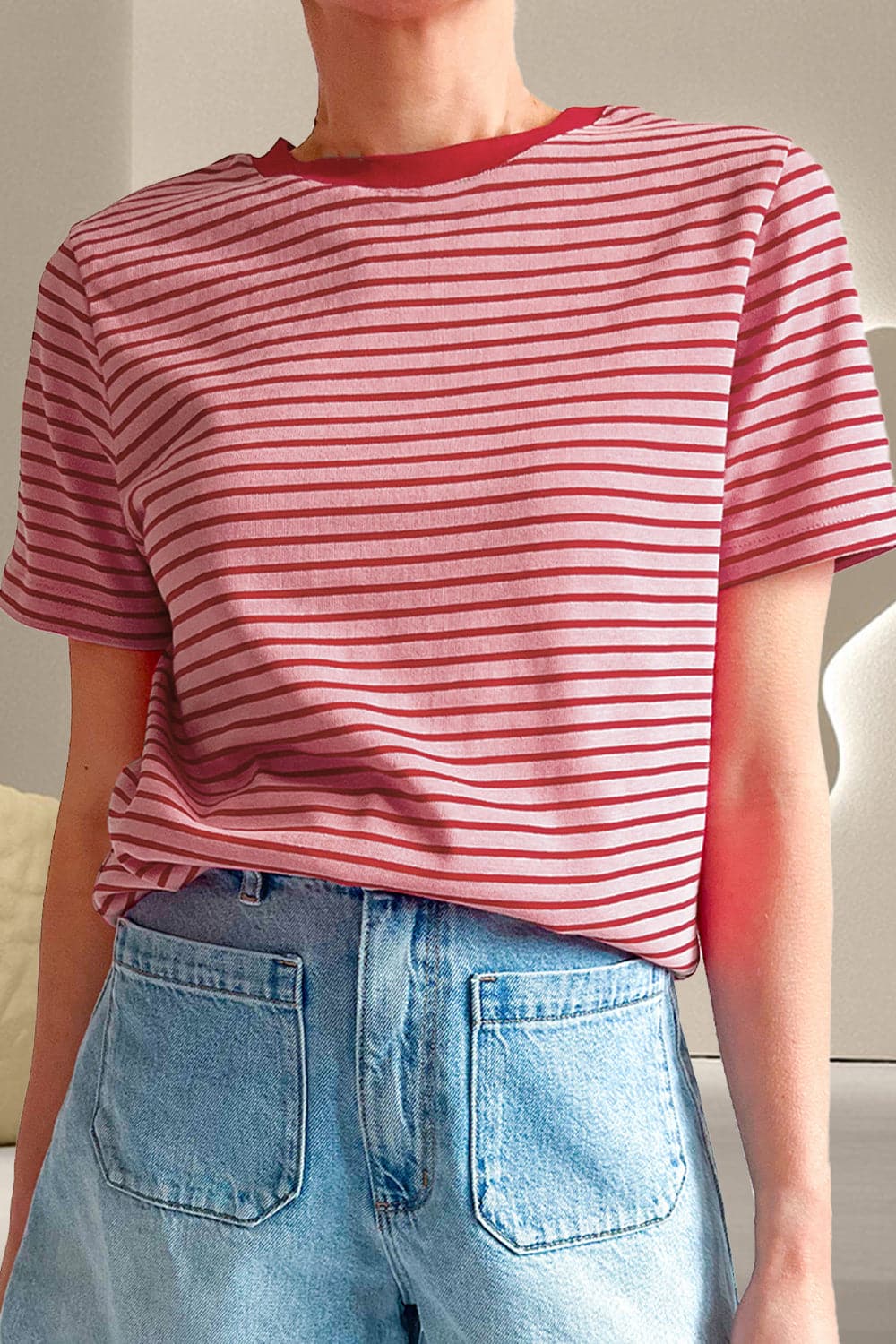 Striped Round Neck Short Sleeve T-Shirt.