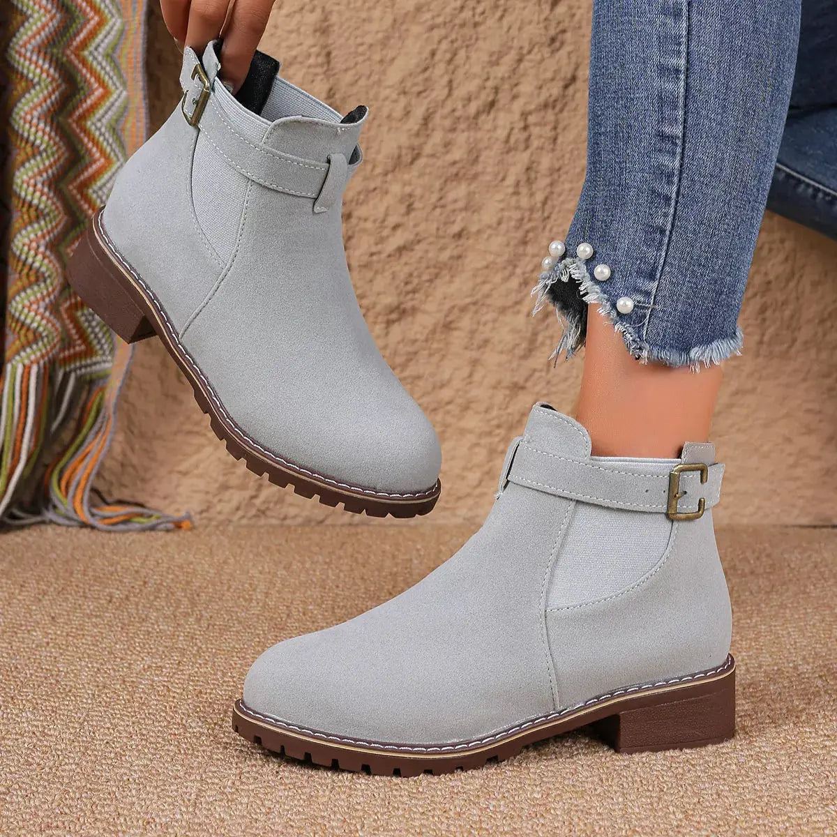 Women Round Toe Block Heel Ankle Boots Buckle Strap PU Leather Black Simply Love