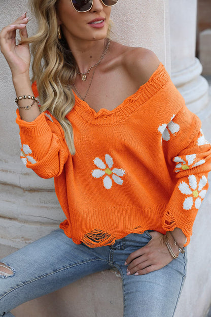 Flower Distressed Long Sleeve Sweater.