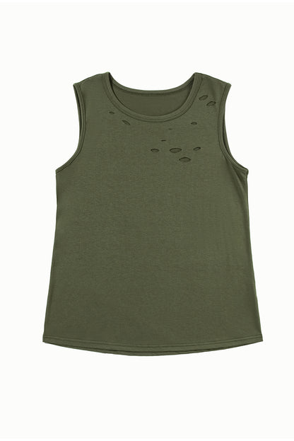 Jungle green distressed crew neck tank top with edgy cutouts