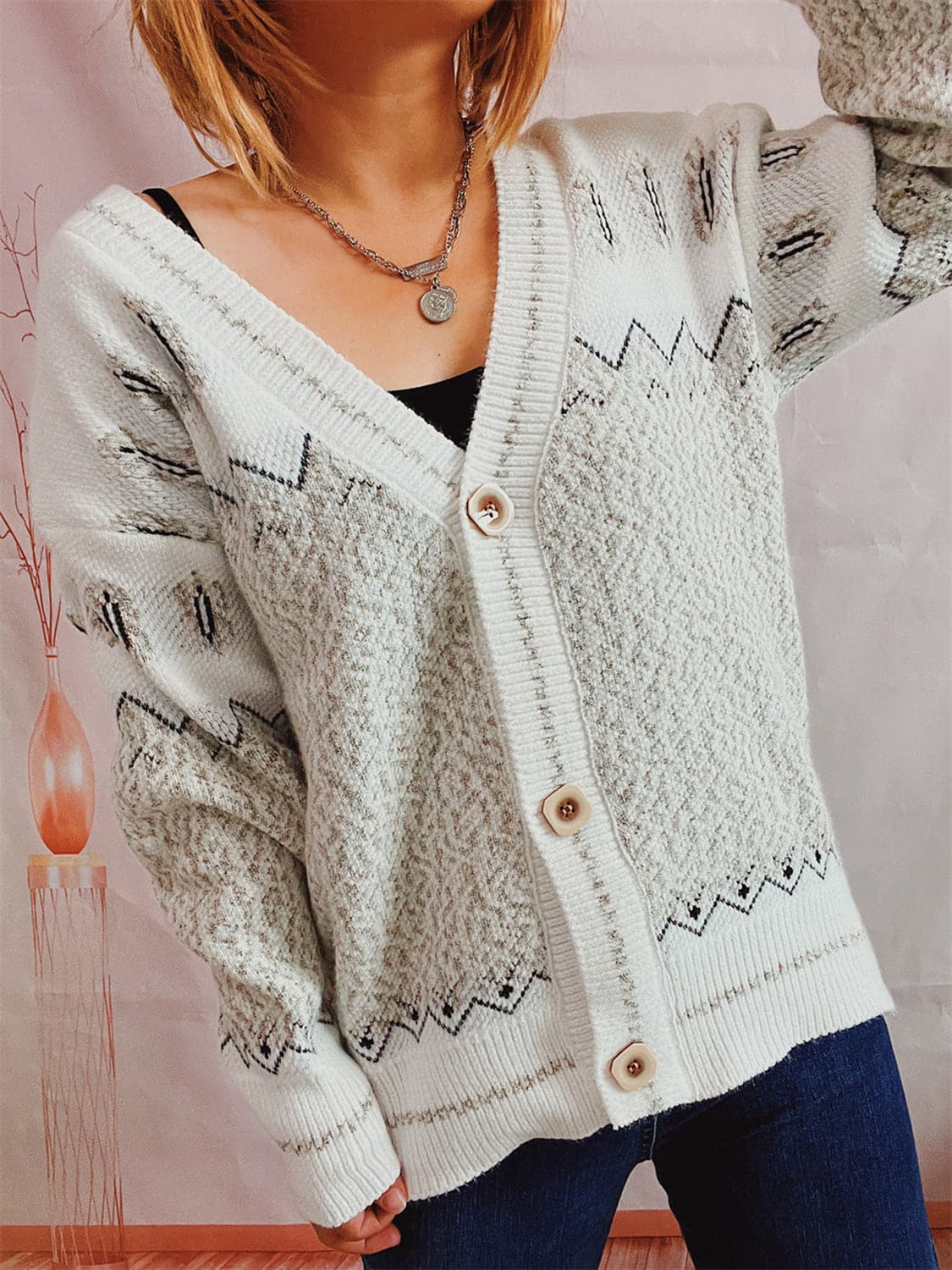 Geometric Button Front Long Sleeve Cardigan.