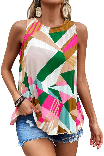 Vibrant geometric print pleated tank top for effortless style