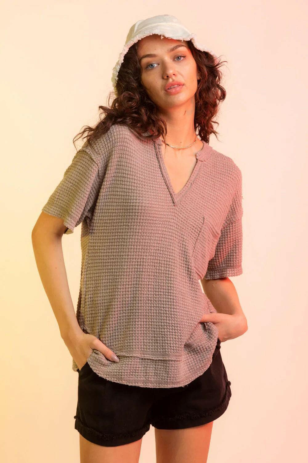 Waffle-Knit Notched Half Sleeve T-Shirt.