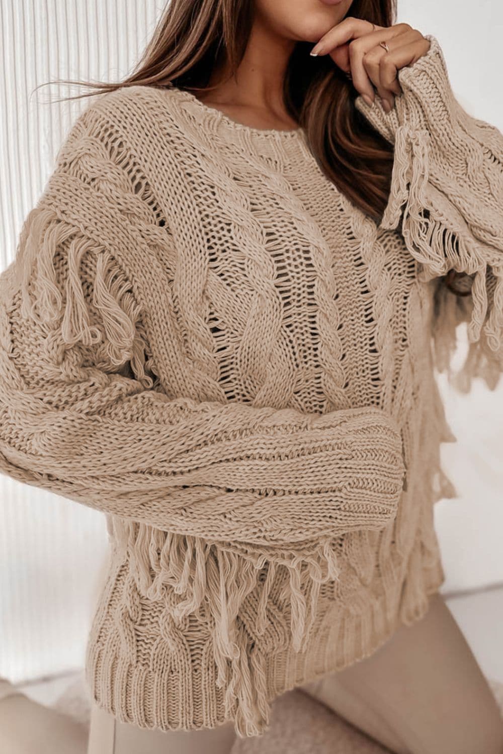 Cable-Knit Fringe Round Neck Sweater.