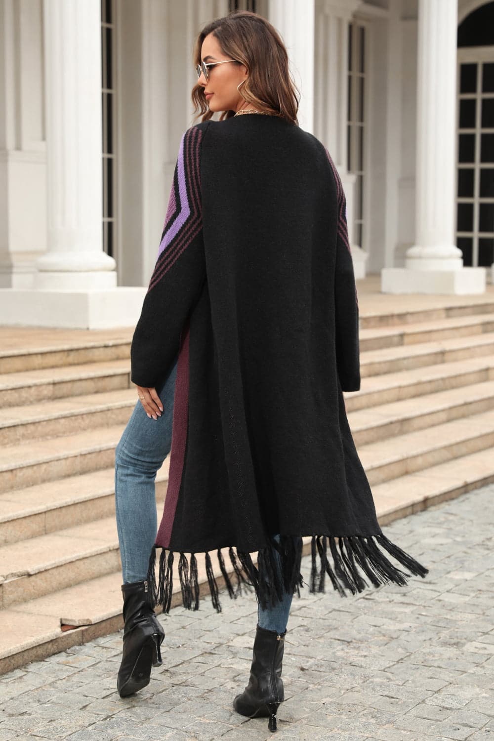 Geometric Fringe Hem Open Front Duster Cardigan.