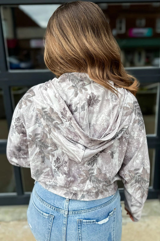 Gray Camo Leaf Print Kangaroo Pocket Quarter Zip Hoodie Dear-Lover Dropshipping