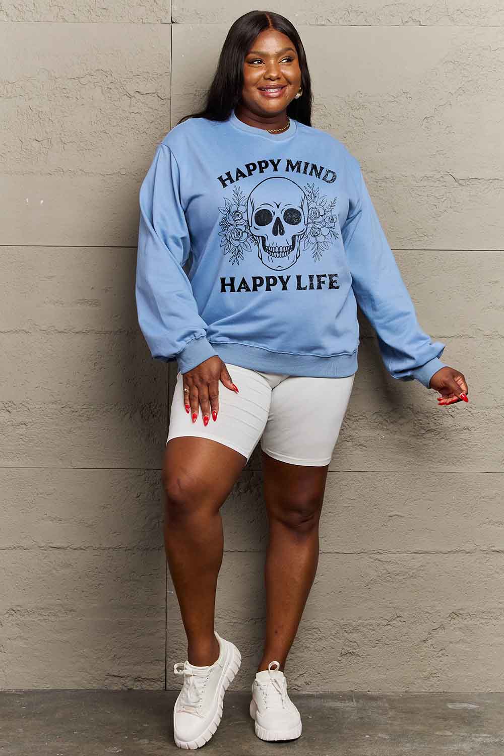 Happy mind, happy life skull graphic sweatshirt by Simply Love