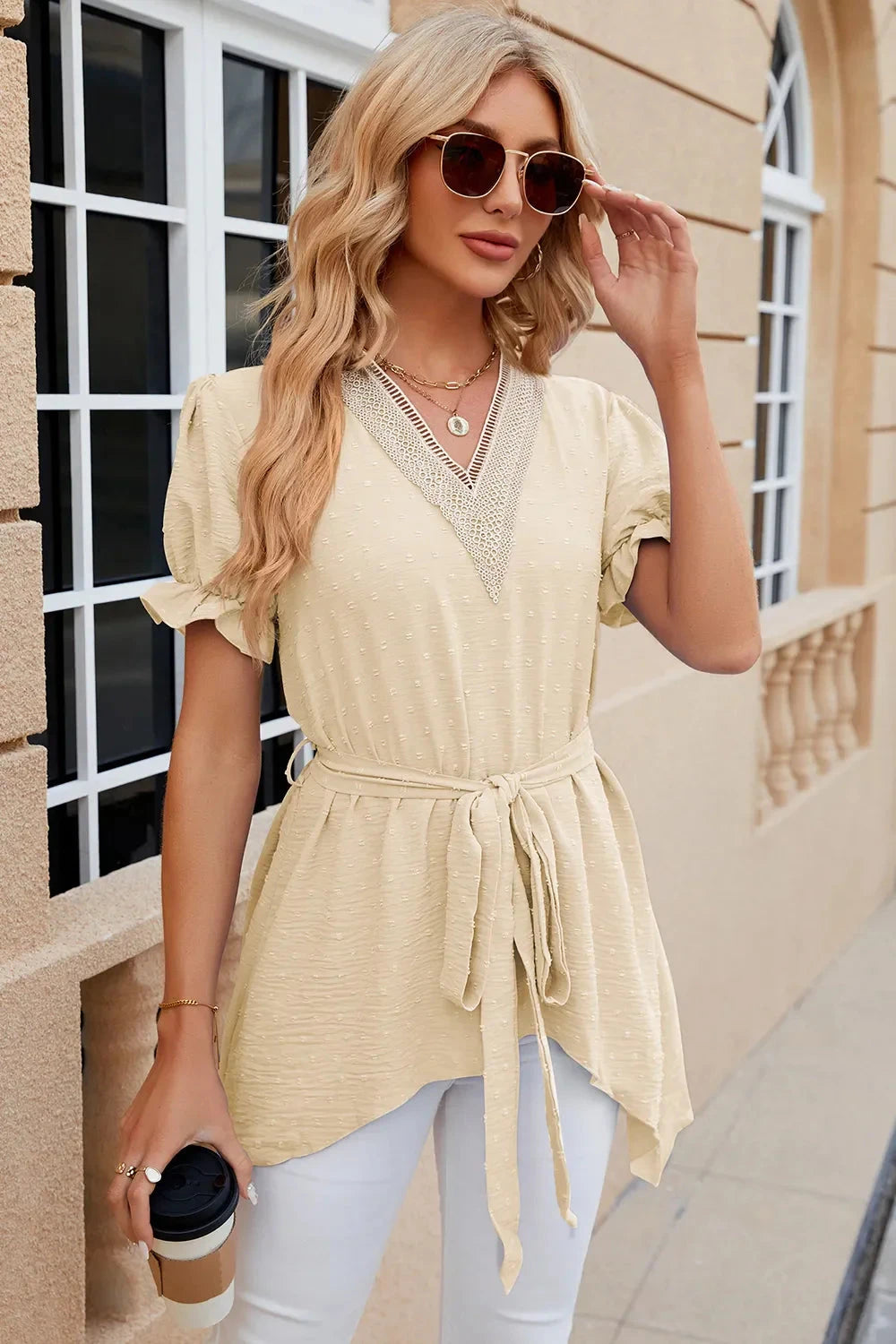 Swiss Dot Tie Waist Flounce Sleeve Blouse Coco’s Tee Boutique