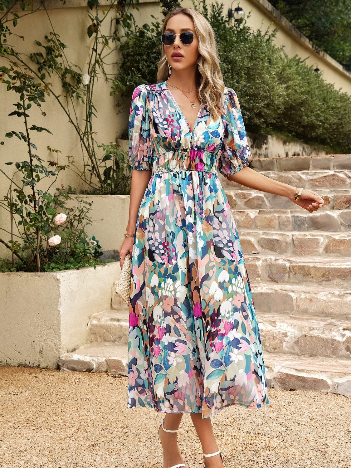 Smocked Printed V-Neck Half Sleeve Midi Dress.