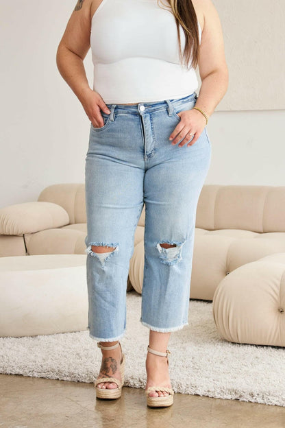 RFM Full Size Tummy Control High Waist Raw Hem Distressed Jeans.