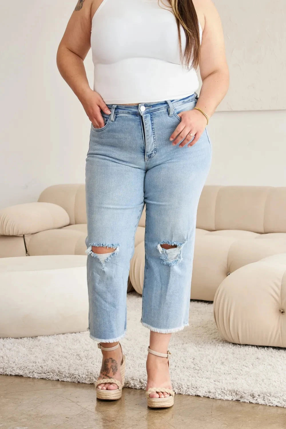 RFM Full Size Tummy Control High Waist Raw Hem Distressed Jeans Coco’s Tee Boutique