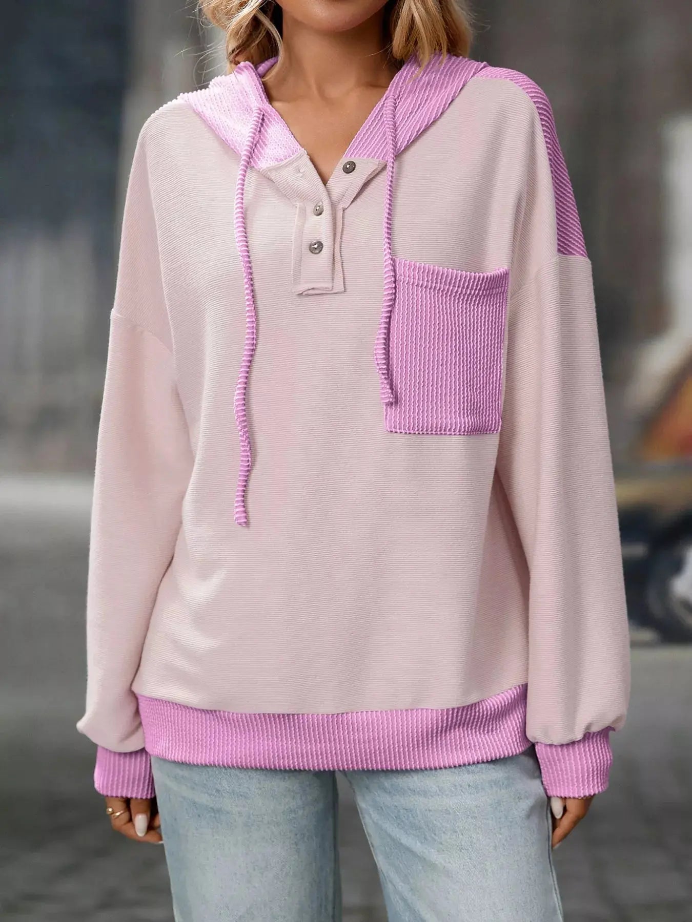 Casual Color Block Button Detail Hoodie Simply Love